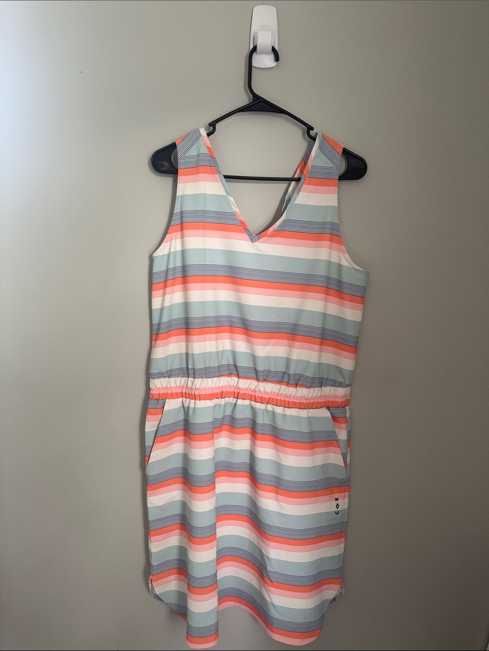 Kavu Coral, Blue & Cream Striped Sleeveless Midi Dress